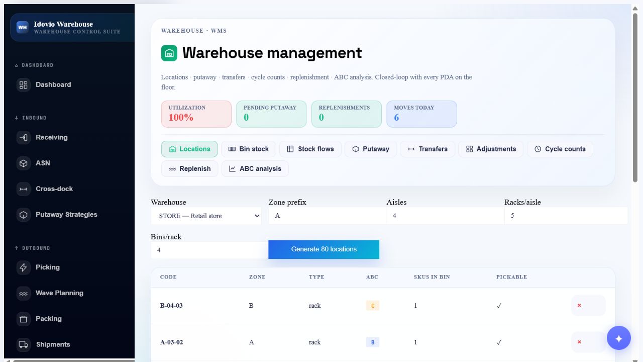Captura real de la aplicación: Idovio Warehouse